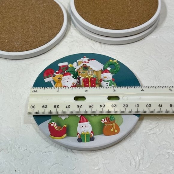 Six Holiday Themed Christmas Ceramic w/Cork Backing Coasters 4" - Picture 6 of 7